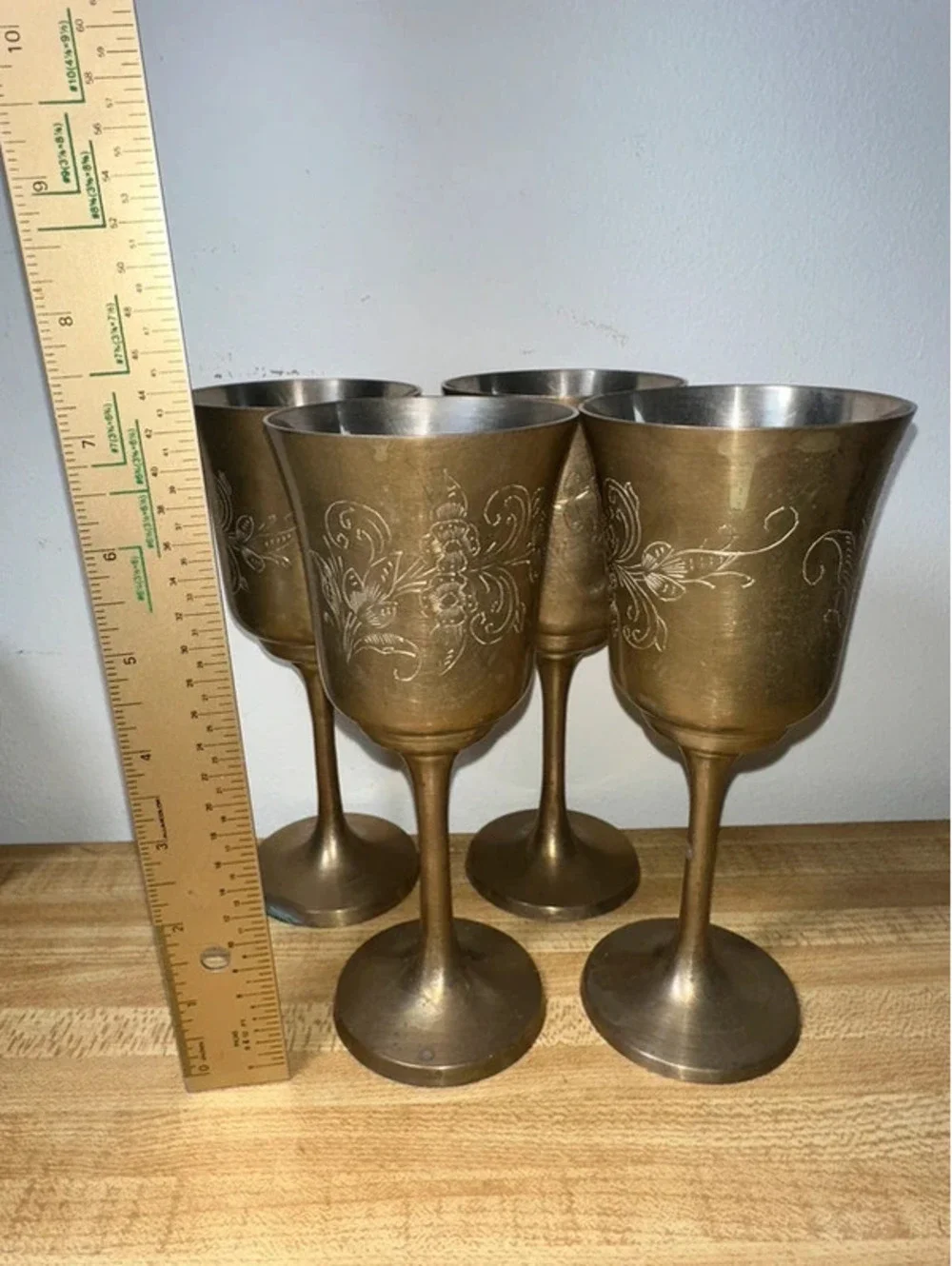 Vintage Etched Brass Wine Goblets/Chalices Set of 4